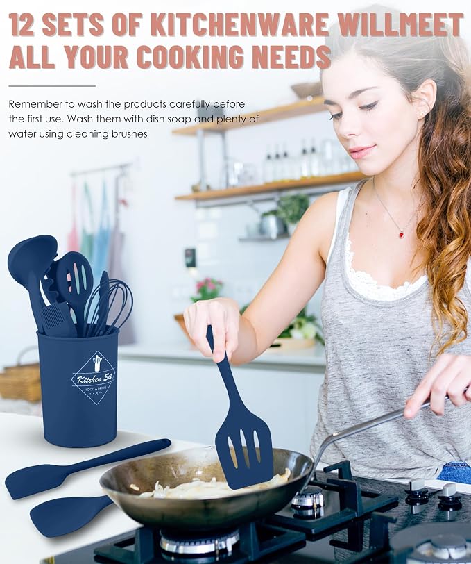 Blue Kitchen Utensils Set-12 Pieces Silicone Cooking Utensils Set | Dishwasher Safe 392°F Heat Resistant Spatula Set Kitchen Utensil Set for Nonstick Cookware,Best Kitchen Tools with Holder - Image 4