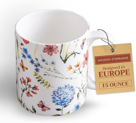 Maison d' Hermine Coffee Mug with Handles Tea Cups (15 Ounce, Pack of 1) | Fine Bone China Coffee Mugs for Hot Beverages Cappuccino Latte Home Restaurant Spring Summer -Just Floral - Poppies Always by MaisondHermine