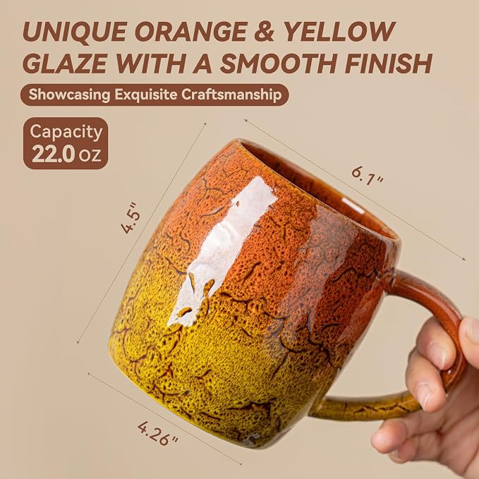 Handmade 22oz Ceramic Coffee Mug, Ergonomic Large Handle, Ideal Gift for Coffee Lovers, Microwave & Dishwasher Safe (Bas-Relief - Orange&Yellow) - Image 5
