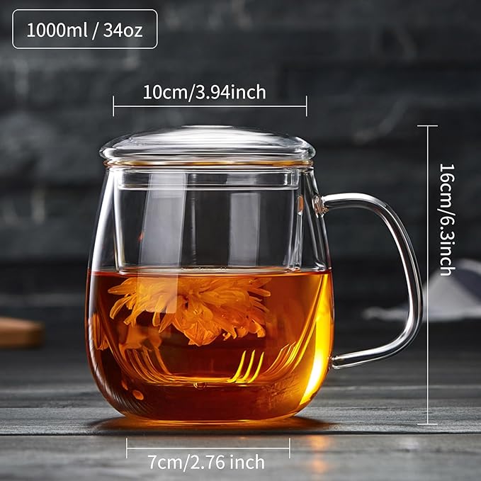 Large Glass Tea Cup, 34 oz Borosilicate Glass Tea Mug with Infuser and Lid, 1000ML Clear Tea Cups for Brewing Scented Tea and Tea Bag