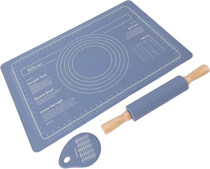 Keenso Silicone Pastry Mat Rolling Pin Set with Measurements for Baking Pizza Pies Bread Blue 3 Pieces - Image 2