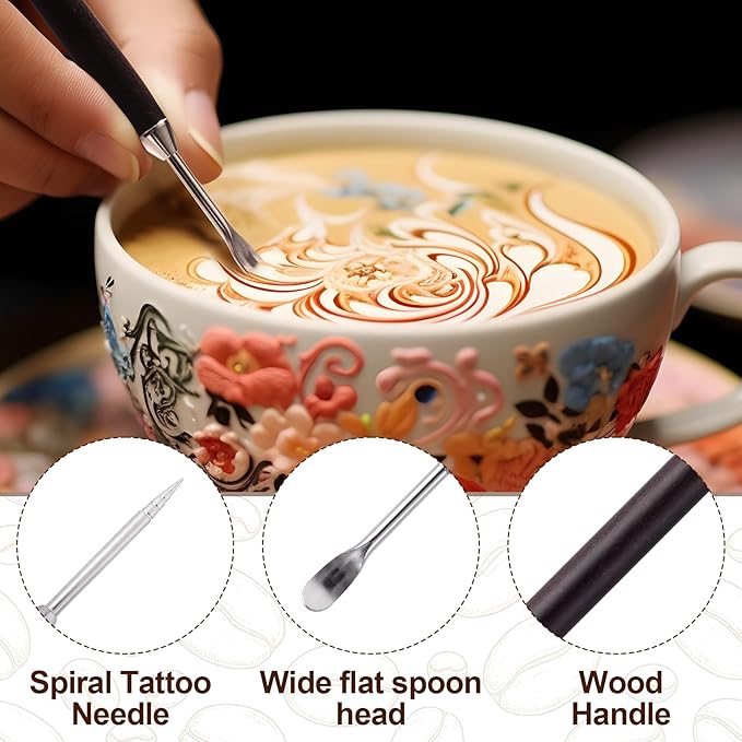 2 Pcs Double-Ended Latte Art Pen, Coffee Drawing Tool with Wood Handle, Latte Art Tools, Coffee Pen for Espresso Designs, Cafe and Home Use (2 Styles)