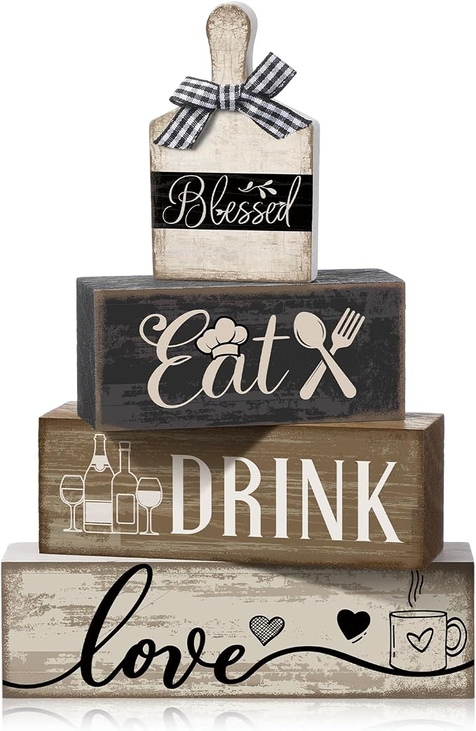 Moucuny 4 Pcs Farmhouse Kitchen Decor Wooden Plate Farmhouse Table Decor Black Brown and White Plate Tableware Centerpiece Rustic Decorative Plates Block Sign for Display Cabinet Kitchen Decoration by Moucuny