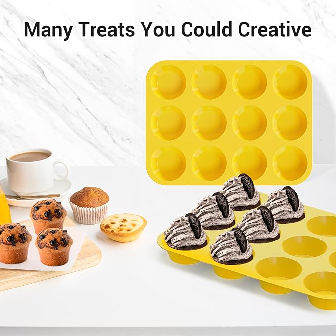 Redfly 2 Pack Silicone Muffin Pans for Baking & Cupcake Pan - 12 Cup Regular Size Silicone Molds, BPA Free Egg Bites Mold,Yellow - Image 6
