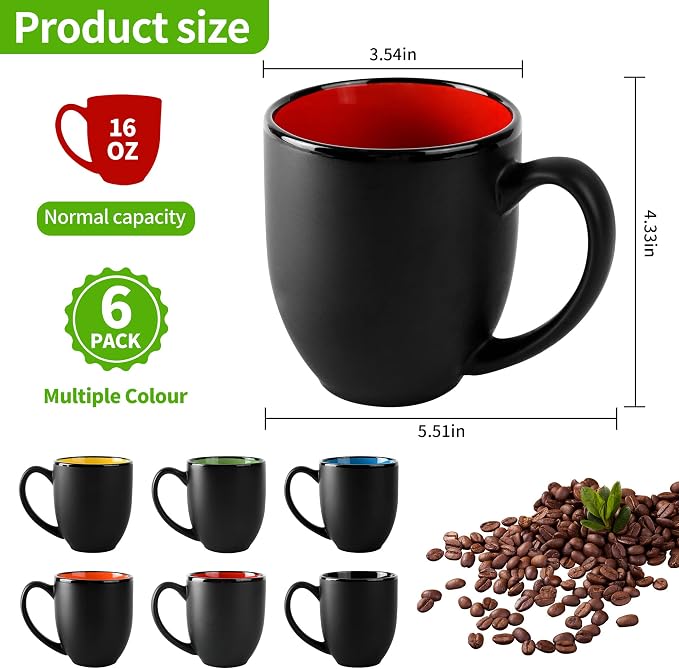 BYCNZB 16oz ceramic Coffee Mug Sets with Large Handles Matte Black Porcelain Mug Multiple colors Cups for Coffee, Tea, Juice, Cocoa Set of 6 (16oz) - Image 2
