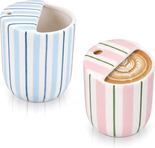 2 Pack Ceramic Mug with Sip Hole 10 oz Stripes Pattern Espresso Cup Coffee Mug Hand Painted Ceramic Cup Pink and Blue Heat Resistant Non Slip with Built in One Lid Handcraft Gift by Ferrochef