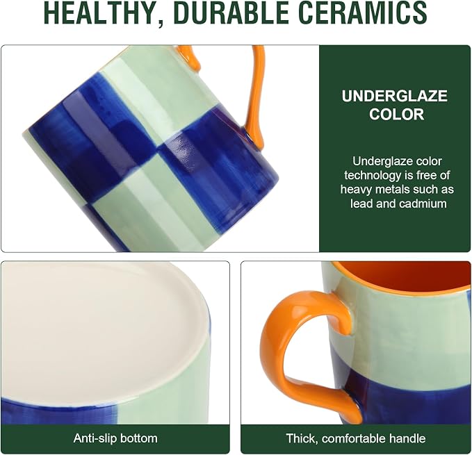 Koja Colorful Hand Painted Ceramic Mugs, 16 oz, Set of 4, Dishwasher Safe | Also microwave safe. Colorful hand painted set makes a great gift for coffee or tea lovers. - Image 3