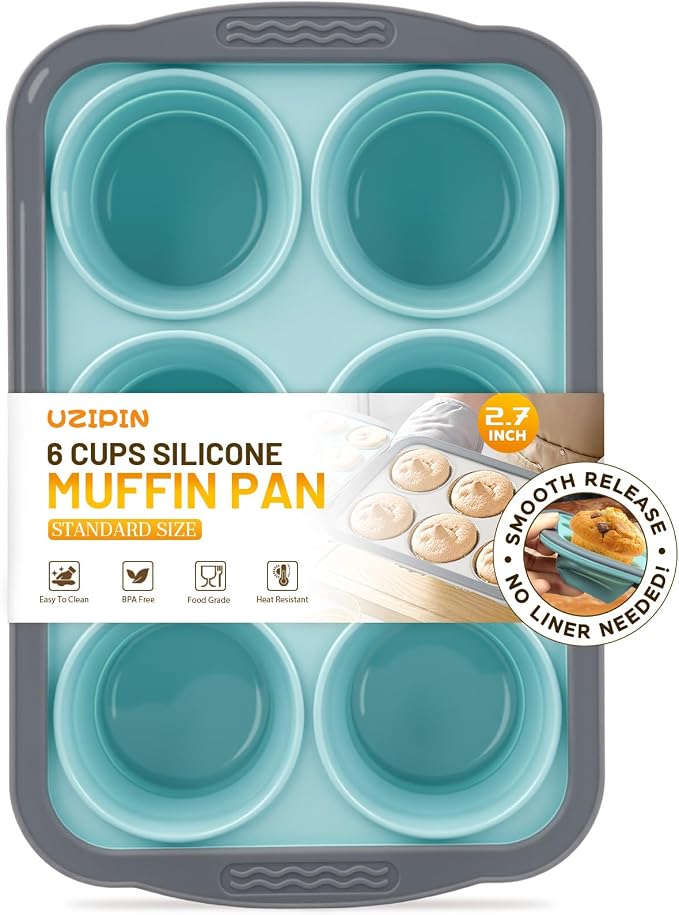 Silicone Muffin Pan, 6 Cups Non-Stick Cupcake Pan, Food-Grade BPA-Free Muffin Tin, Oven-Safe 450 °F, Reinforced Steel Frame, Easy-Grab Handles, Quick-Release 2.7" Baking Molds for Mini Treats by Unknown