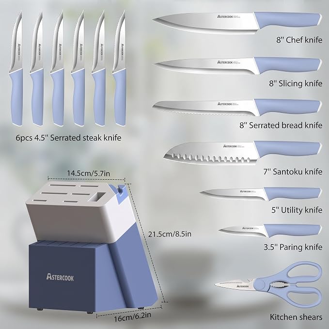 Astercook Kitchen Knife Set with Block and Sharpener 15 Piece German High Carbon Stainless Steel Knives Sharp Blade Dishwasher Safe Deba Knives with Ergonomic Handle, Delicate Blue - Image 5