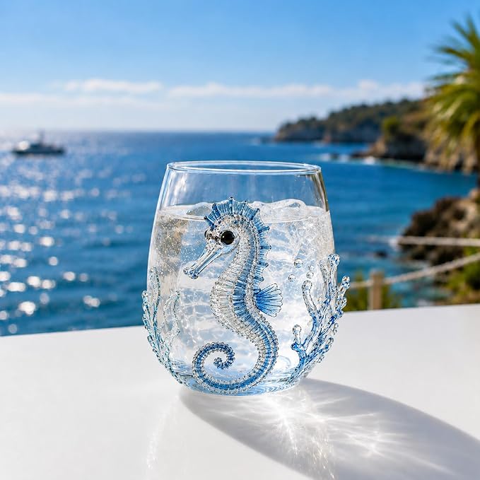 Coastal Stemless Wine Glasses Set of 4, 12oz 3D Ocean Animal Artisan Glassware Collection with Unique Sea Life Designs (G - Set of 1) by Lifmagic