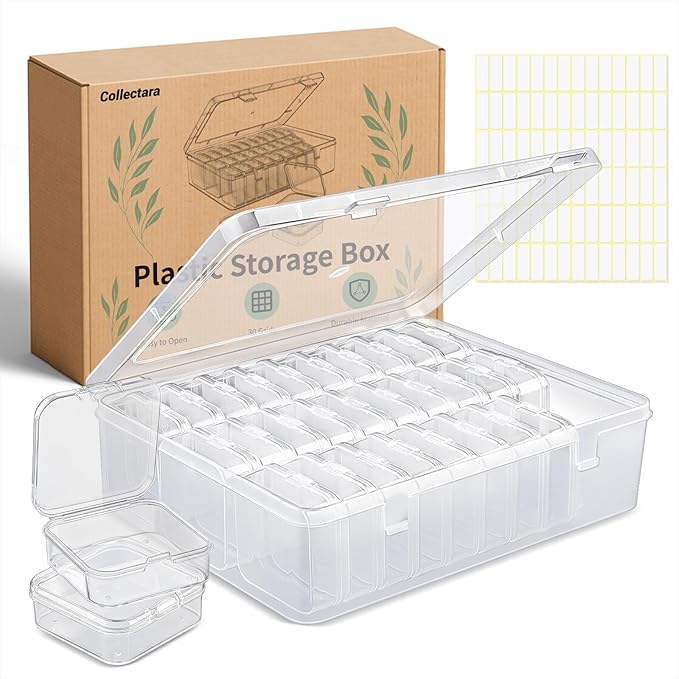 Bead Organizer Box with 84 Label Stickers, Clear Bead Storage Case with 30 Small Containers, Plastic Craft Organizer for Jewelry Making, Diamond Painting Drills, Small Parts, Seeds, Screws