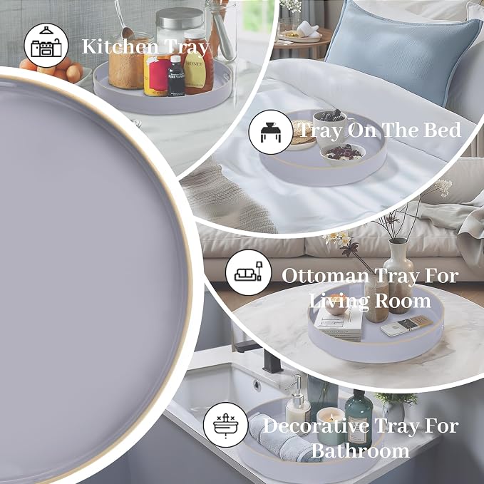 MAONAME 13" Gray Decorative Tray, Plastic Round Serving Tray with Handles | Grey Decorative Tray for Coffee Table, Modern Ottoman Tray, Circle Tea Tray, Round Melamine Tray for Living Room, Bathroom - Image 7