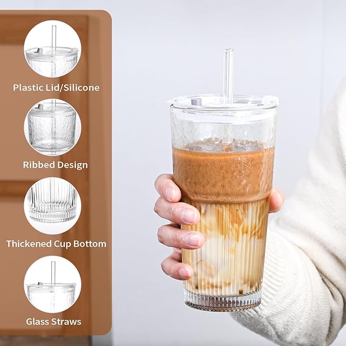 20oz Glass Tumblers with Lids and Straws,4PCS Glass Cups with Lids and Straws,Iced Coffee Cups with Lid,Drinking Glasses for Juice, Smoothies
