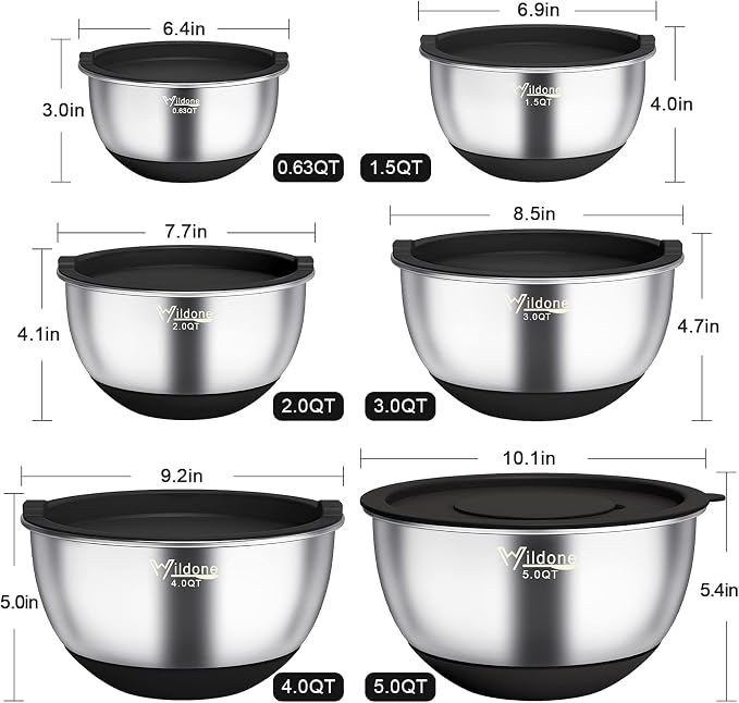 Wildone Mixing Bowls with Airtight Lids, Stainless Steel Mixing Bowls Set | Metal Bowls with 3 Grater Attachments & Non-Slip Bottoms, Size 5, 4, 3, 2,1.5, 0.63QT, Includes Utensil Set for Prep, Black - Image 2