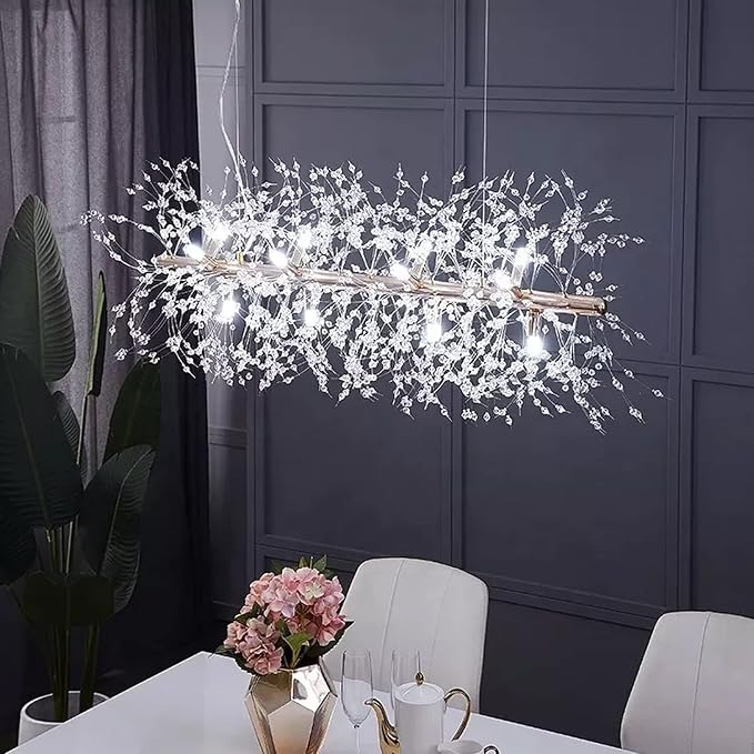 Modern Chrome Crystal Firework Chandelier Linear Lighting Fixtures | 35.5" Sputnik Ceiling Light Fixture Rectangular Hanging Pendant Light for Kitchen Island Dining Room Living Room 12-Lights - Image 5