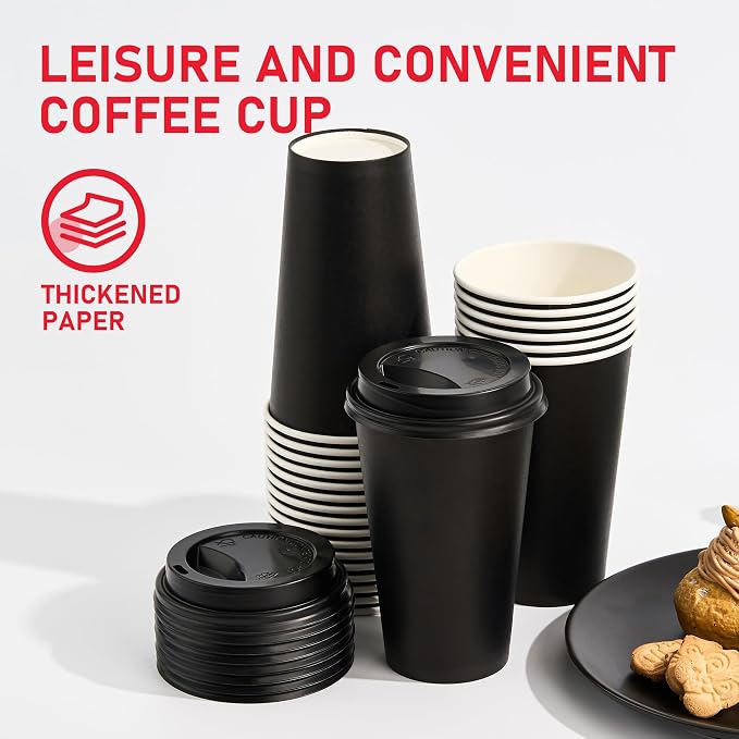 16 oz Paper Coffee Cups with Lids 100 Pack, Black Disposable Hot Coffee Cups with Lids, To Go Cups, for Parties, Picnic, Travel, and Events - Image 2
