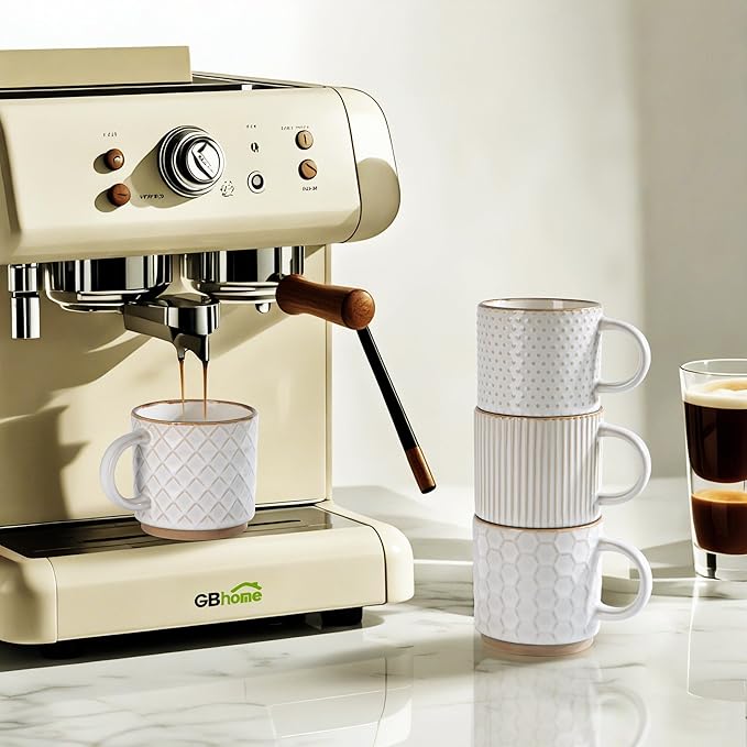 GBhome 6 OZ Stackable Coffee Mugs Set of 4, Ceramic Coffee Cups Set | 4 Assorted Designs, Embossed Mugs with Texture Patterns for Espresso/Tea, Dishwasher&Microwave Safe, Off White - Image 4