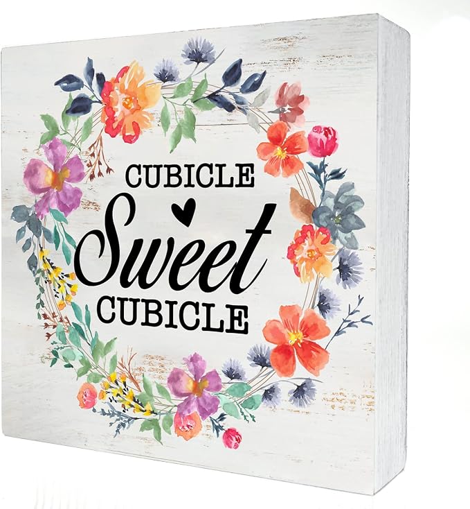 Cubicle Sweet Cubicle Wood Box Sign Decor Rustic Funny Office Space Wooden Box Sign Block Plaque for Wall Tabletop Desk Home Office Decoration 5" x 5", Coworker Gift by HDKY