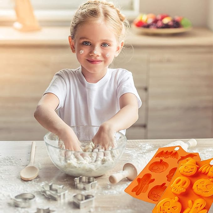 2Pcs Halloween Silicone Cake Mold，Pumpkin Bat Skull Ghost Shape Silicone Candy Chocolate Molds for DIY Cookies Soap Candy Gummy Chocolate Mold Ice Cream Tray for Kitchen DIY Baking Tools…