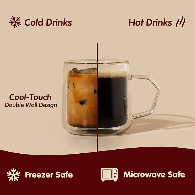 Double Wall Glass Coffee Mugs with Handle, 12oz Insulated Borosilicate Clear Cups for Latte Cappuccino Espresso Tea, Set of 4 - Image 4