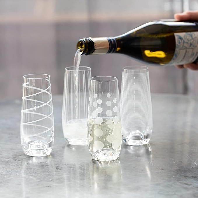 Mikasa Cheers Stemless Flutes, 7.5 Oz - Clear, Set of 4 | Lead-Free Crystal Drinkware with Dot, Line & Swirl Designs for Champagne, Prosecco, Cocktails & Mimosas, Dishwasher Safe - Image 5