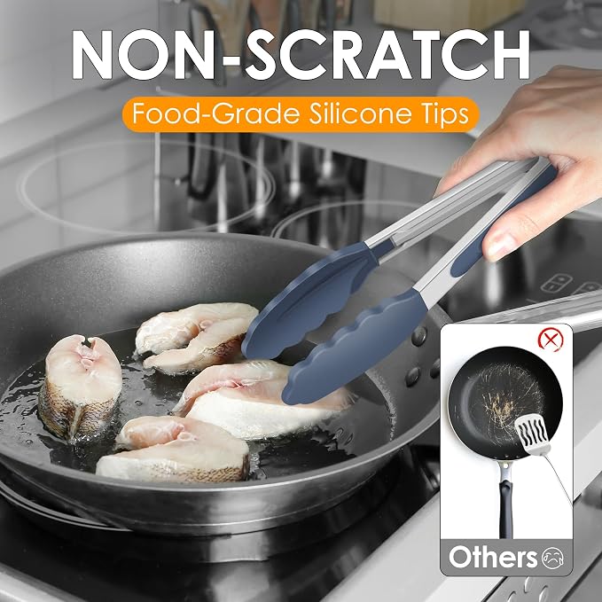HOTEC Premium Stainless Steel Locking Kitchen Tongs with Silicon Tips, Set of 2-9" and 12",Dusty Blue - Image 5