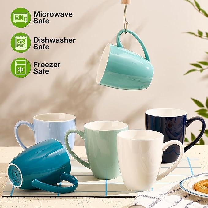 Porcelain Coffee Mugs Set of 6, 13 Ounce Coffee Cups with Handle, Ceramic Tea Mugs for Latte, Hot Tea, Cappuccino, Mocha, Cocoa, Blue Assorted Colors Mug Gift Set, Dishwasher and Microwave Safe - Image 2