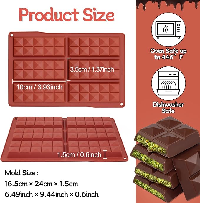 Chocolate Bar Molds Silicone Non Stick 2 Pack,Deep Dubai Granola Bar Diamond Shapes Mold for Making Filling Knafeh Pistachio Candy Snacks - Image 2