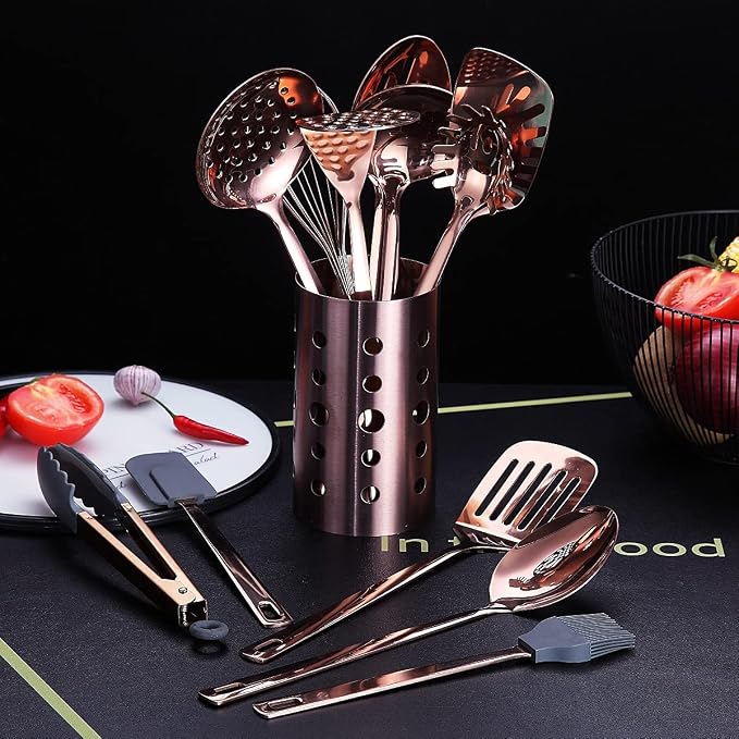 Copper Kitchen Utensils Set,13 Pieces Stainless Steel Cooking Utensils Set With Titanium Rose Gold Plating,Kitchen Tools Set With Utensil Holder For Non-Stick Cookware Dishwasher Safe (13 Packs) - Image 4