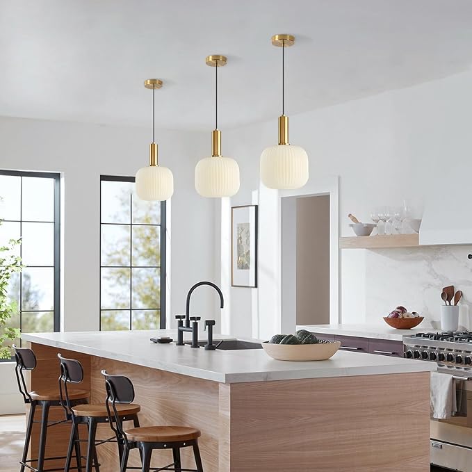 KCO Lighting Vintage Brass Gold 7.9” White Milk Ribbed Glass Pendant Light | E26 Base, Adjustable Cord for Sloped Ceilings, Mid Century Modern Hanging Light Fixture for Kitchen Island Dining Living Room - Image 5