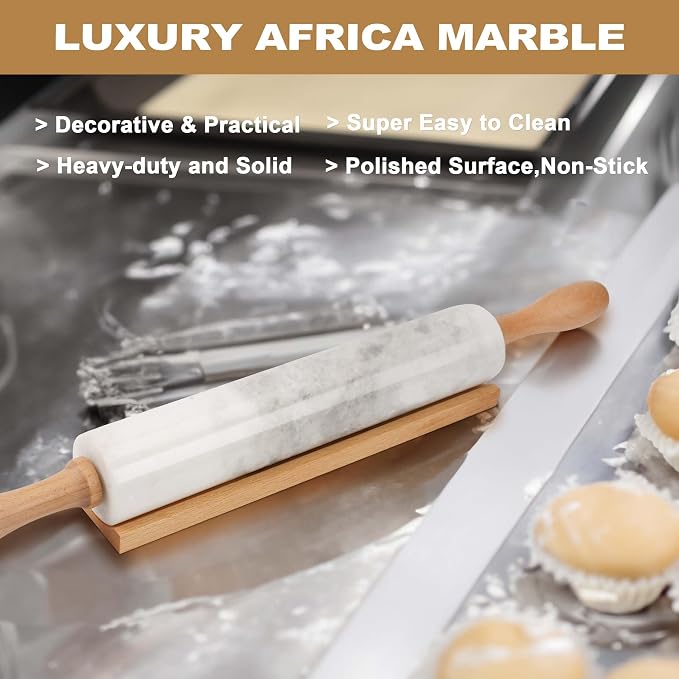 African Natural Marble Rolling Pin, Non-Stick Polished Dough Roller, Pasta, Dumpling, Fondant, Pie Crust, Bread, Pizza Dough, Kitchen Baking Pastry Tools with Mat/Scraper（Namib Fantasy） - Image 3
