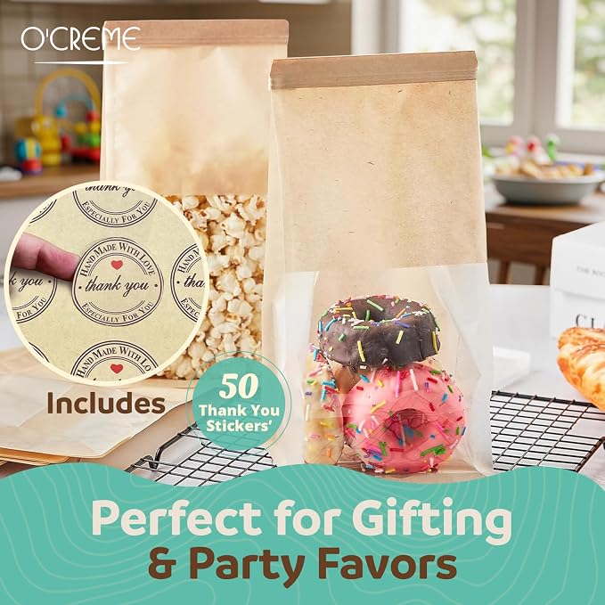 O’Creme 50 Pcs. Small Bakery Bags with Window, Cookie Bags Brown Paper Bag with Resealable Tin Tie Tab for Cookies, Treats, Baked Goods, Muffins, Pastries, Granola, Coffee Beans (11”x5”x4”) - Image 8