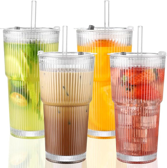 20 oz Glass Cups with Lid and Straw 4 Set, Glass Tumbler with Straw and Lid, Vintage Glassware for Whiskey Cocktail Beer, Iced Coffee Cups with Lid (4 PACK)