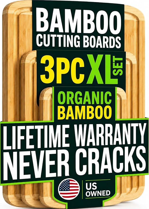 Greener Chef Luxury XL Bamboo Cutting Board Set of 3 with Vertical Grain Strength Technology - Extra Large Wood Cutting Boards for Kitchen and Lightweight Chopping Board Set - Replacements for Life by GreenerChef