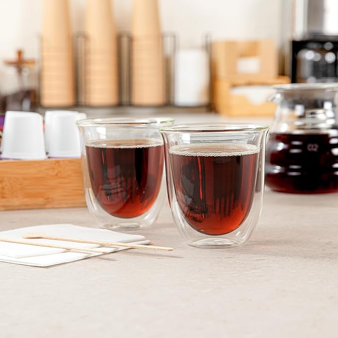 Restaurantware-Forma Professional 6.8 Ounce Double Wall Coffee Cups, 12 Insulated Latte Glasses - Dishwashable, Reusable, Clear Glass Beverage Cups, Freezable, For Hot Or Cold Beverages