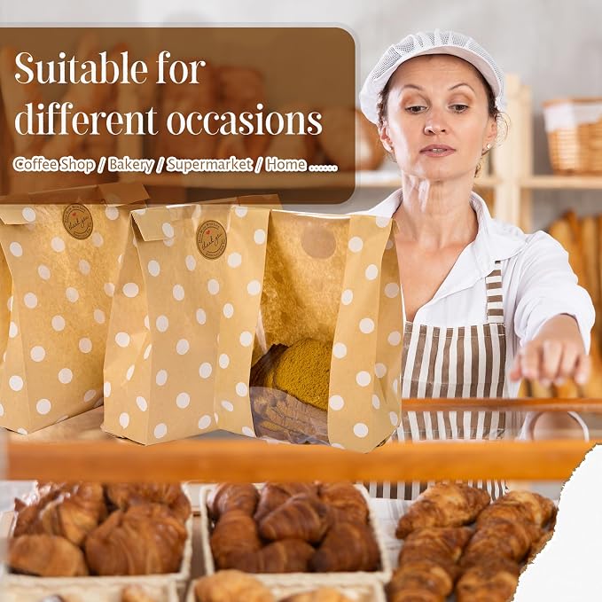Feifeiya 100 Pack Kraft Paper Bread Bags for Homemade Sourdough Bread with Window & Stickers, 13.7x8.3 Large Bakery Bags for Loaves Greaseproof Food Packaging for Baking Gifts, Brown(Classic) - Image 3