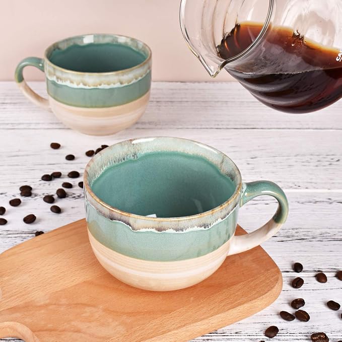 Bosmarlin Large Ceramic Coffee Mug Set of 2, Stoneware Jumbo Latte Mugs for Office and Home, 16 Oz, Dishwasher and Microwave Safe(Green, 2) - Image 5