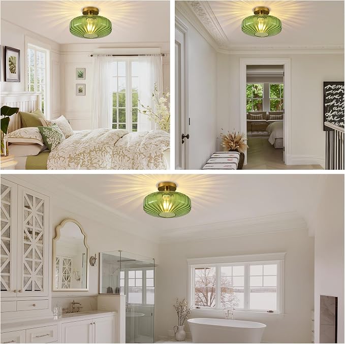 Semi Flush Mount Ceiling Light,11.8 Inch Vintage Green Glass Ceiling Light Fixture,Art Deco Kitchen Lighting Fixtures Ceiling for Hallway Porch Bedroom Bathroom Dining room,E26 Base(Bulb Not Included) - Image 8