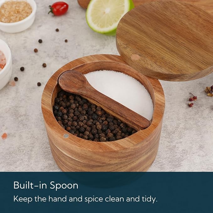 KITCHENDAO Acacia Wood Salt and Pepper Bowl Box, Built-in Spoon, Two Compartments Spice Seasoning Container, Sea Salt Cellar Holder, Magnetic Swivel Lid, Dual 5oz Capacity - Image 3