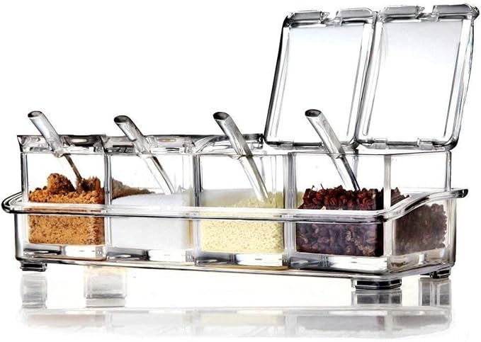 Clear Seasoning Rack Spice Pots by AIQI - 4 Piece Acrylic Seasoning Box - Storage Container Condiment Jars - Cruet with Cover and Spoon by AJB