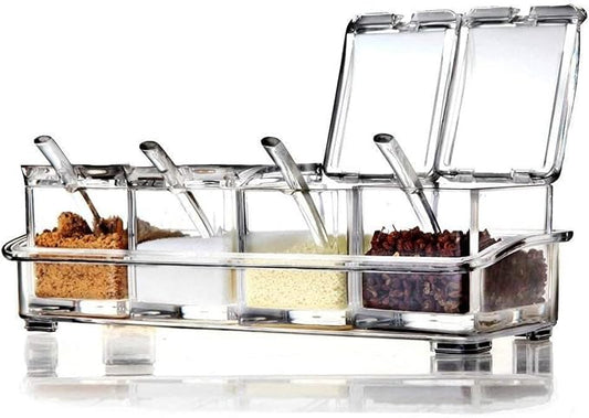 Clear Seasoning Rack Spice Pots by AIQI - 4 Piece Acrylic Seasoning Box - Storage Container Condiment Jars - Cruet with Cover and Spoon by AJB
