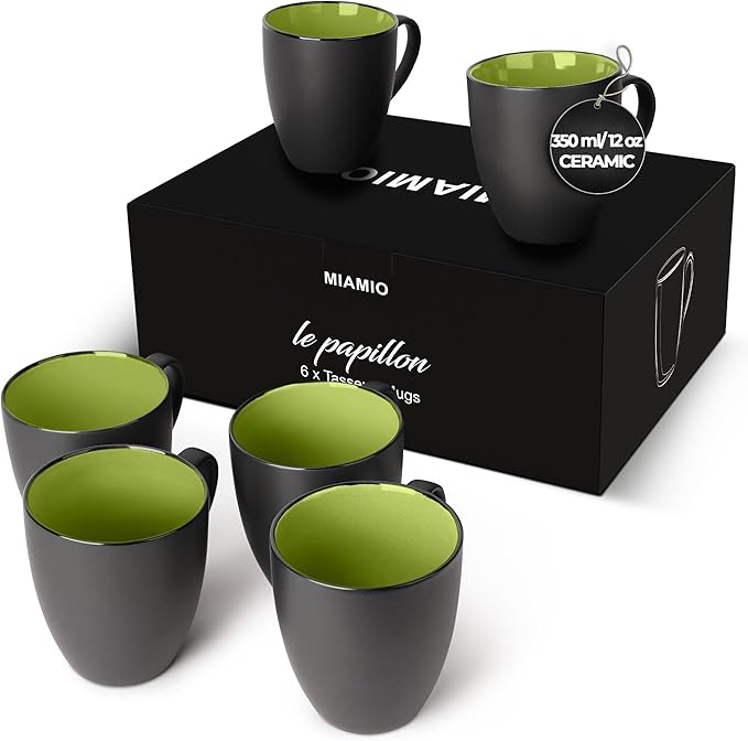 MIAMIO - Coffee Mugs Set of 6 (12 oz) - Le Papillon (Green) - Modern Home | Ceramic coffee mugs for coffee, cappuccino and tea, 12 oz for everyday use - dishwasher safe - practical for daily use by MIAMIO