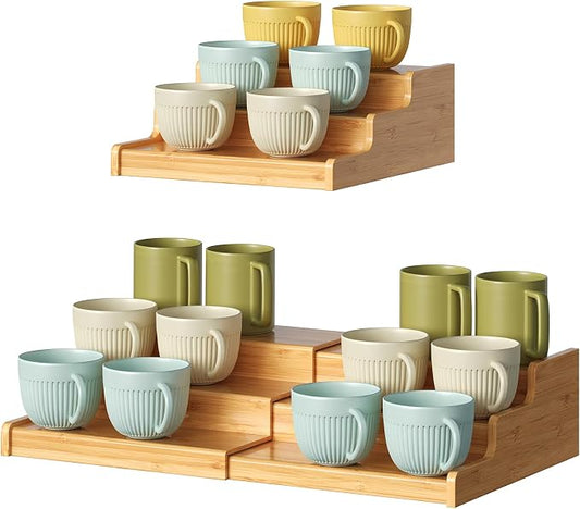 Hongtamoya 3-Tier Expandable Bamboo Mug Holder For Countertop Coffee Cup Holder Display Mug Organizer Mug Rack for Coffee Bar Organizer Mug Shelf for Cabinet for Kitchen, Home by Hongtamoya