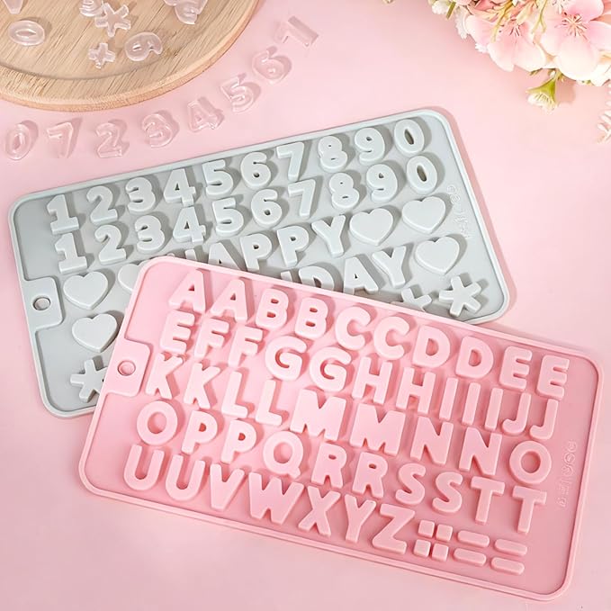 4 Pcs Letter Molds for Chocolate,Non-Stick Chocolate Molds Silicone, Alphabet Baking Tools for Party Cake Candy Cookie Baking Decorations(Pink&Grey)