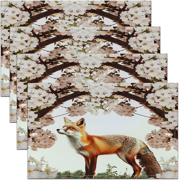 Feelyou Fox Table Place Mats 18"x12" Cute Cartoon Fox Placemats Set of 4 Ultra Soft Woodland Fox Placemat for Kitchen Dining Table Wild Animal Indoor Outdoor Decor Table Mats Cherry Blossoms by Feelyou