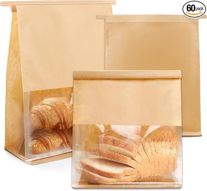 60 Pcs Bread Bags for Homemade Bread, Paper Sourdough Bags With Window | 4.2x8.6x11.3 Inches Ties Tab Lock Resealable Paper Bakery Packaging Bags for Home Bakers and Bakery Owners by Cegzer