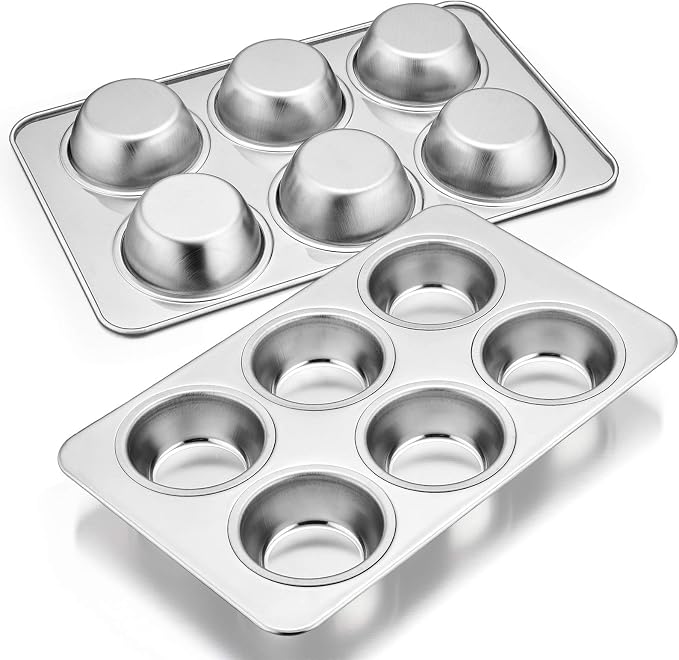 E-far Stainless Steel Muffin Pan Set of 2, 6-Cup Cupcake Tin for Baking | Metal Muffin Tray, Non-toxic & Healthy, Oven & Dishwasher Safe, Regular Size - 11.44 x 7.12 x 1.25 Inch by E-far