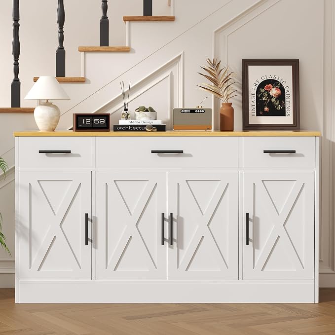 Vongrasig 53” Sideboard Buffet Cabinet with with Storage | Large Farmhouse Coffee Bar Cabinet with 4 Doors and 3 Drawers for Kitchen, Living Room, White - Image 3