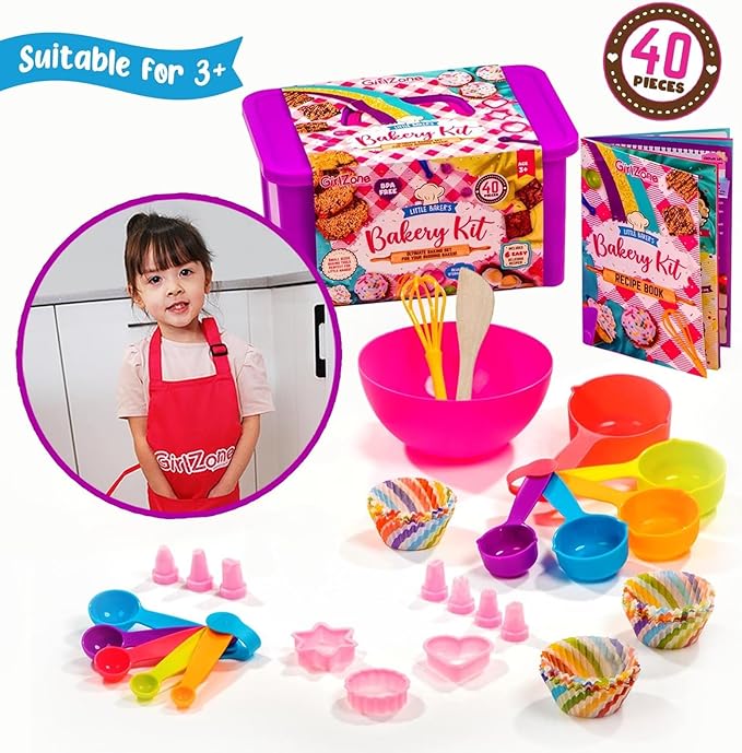 GirlZone Kids Baking Set for Girls - Multicolor, 40-Piece - Girls Baking Kit & Little Baker Set with Apron & Baker Outfit, Whisk, Cookie Cutters, Tools & Recipe Book