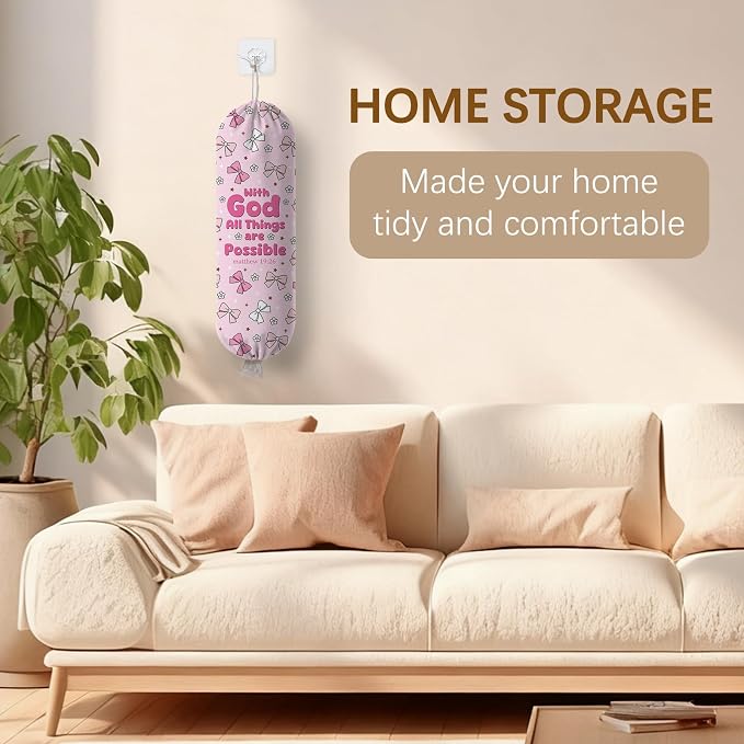 Pink Bow Plastic Bag Holder, Wall Mount Organizer for Reusable Canvas Grocery Bags, Decorative Home Kitchen Pantry Decor Hanging Bag Dispenser, Christian Shopping Bags Storage Dispenser - Image 8